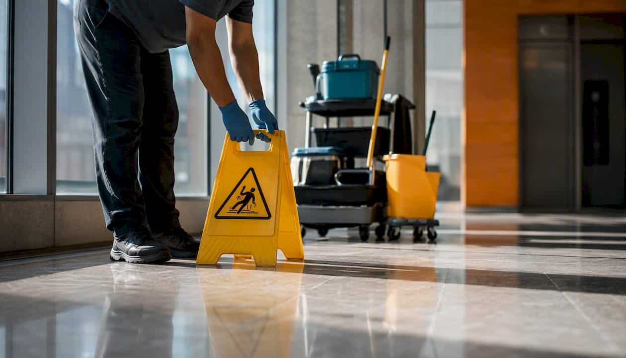 Janitorial equipment staged for maintenance coordination