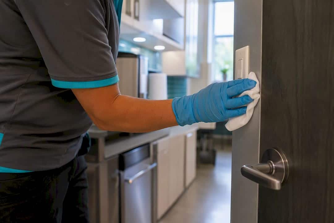 Gloved hands disinfecting door handle