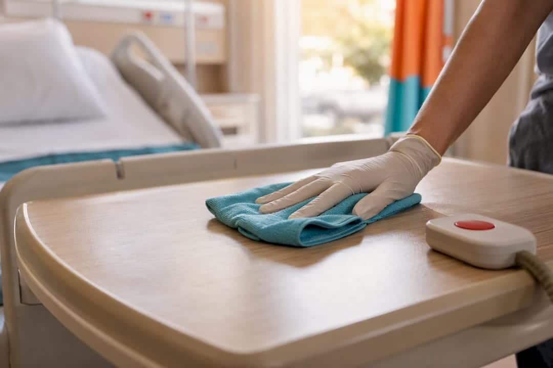 Microfiber cloth wiping patient room surfaces