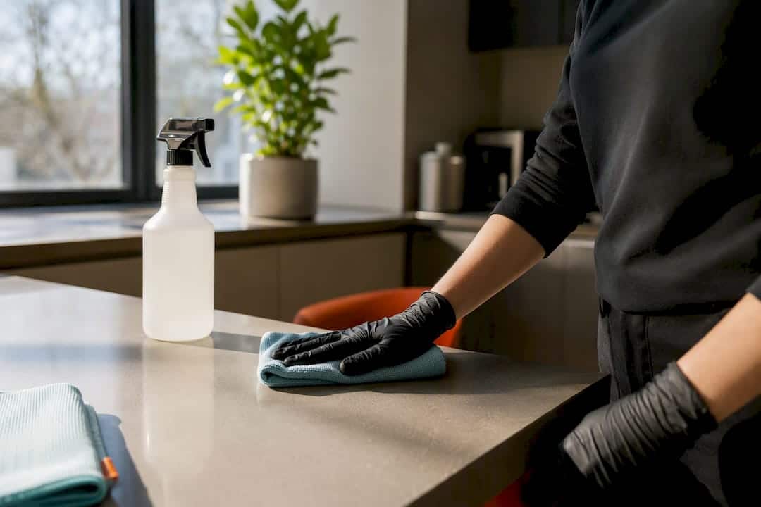 Hands dusting office desk during cleaning