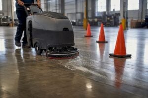 Walk-behind auto-scrubber cleaning warehouse floor
