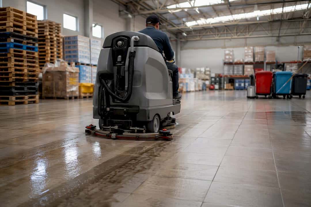 Auto-scrubber scrubbing and vacuuming warehouse floor