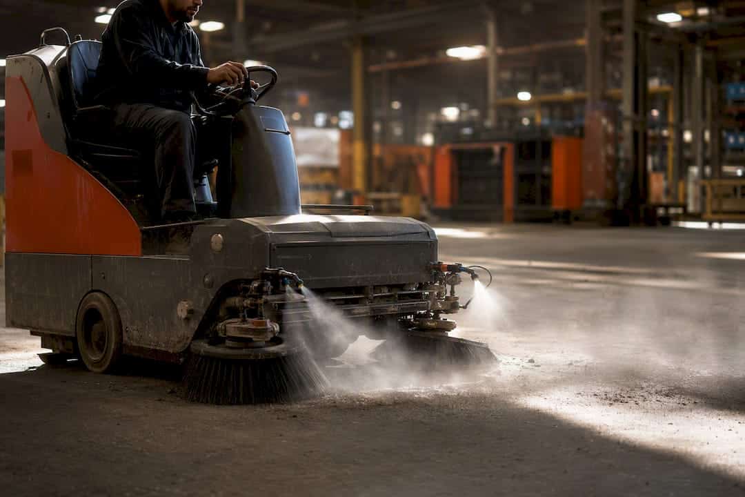Industrial floor sweeper spraying dust suppression mist