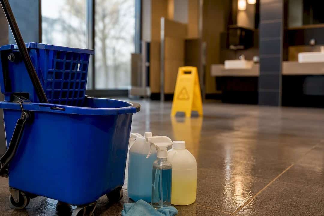 Janitorial bucket with mop and cleaning tools