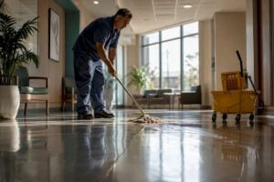 Janitor mopping office floor manually