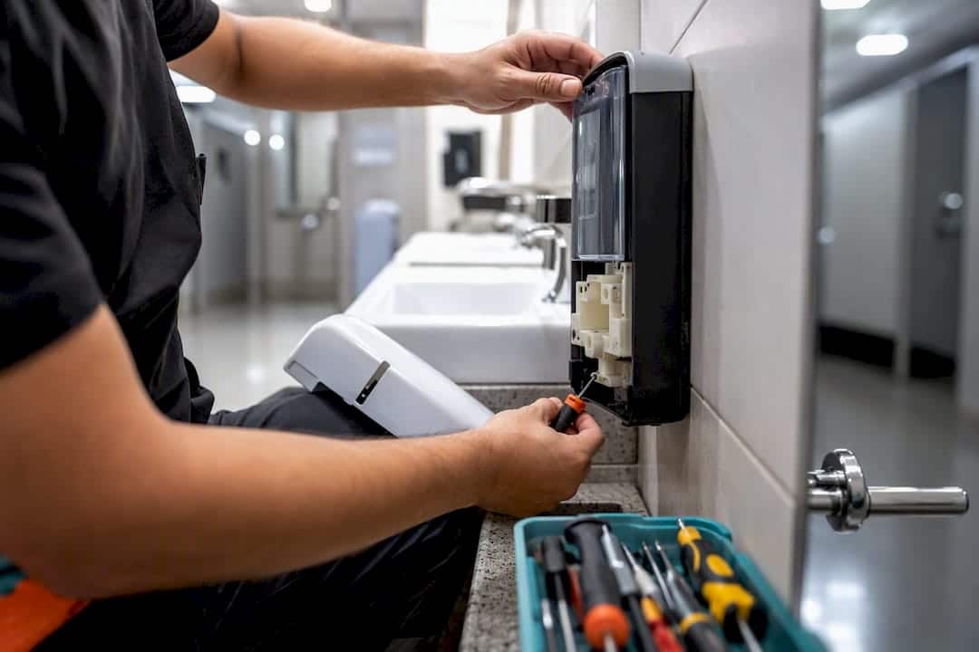 Janitor maintaining restroom soap dispenser