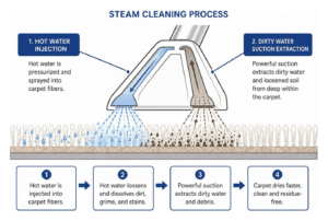 Steam cleaning process showing hot water injection and dirty water suction extraction