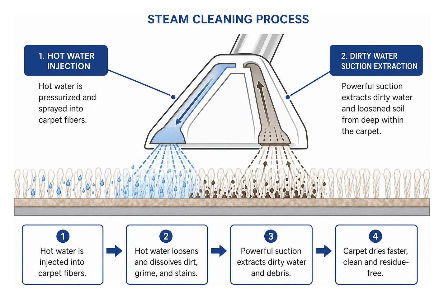 Steam cleaning process showing hot water injection and dirty water suction extraction
