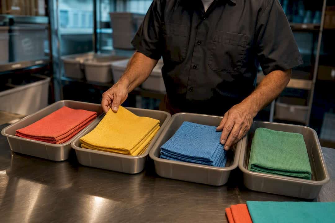 Color-coded cleaning cloths sorted in trays
