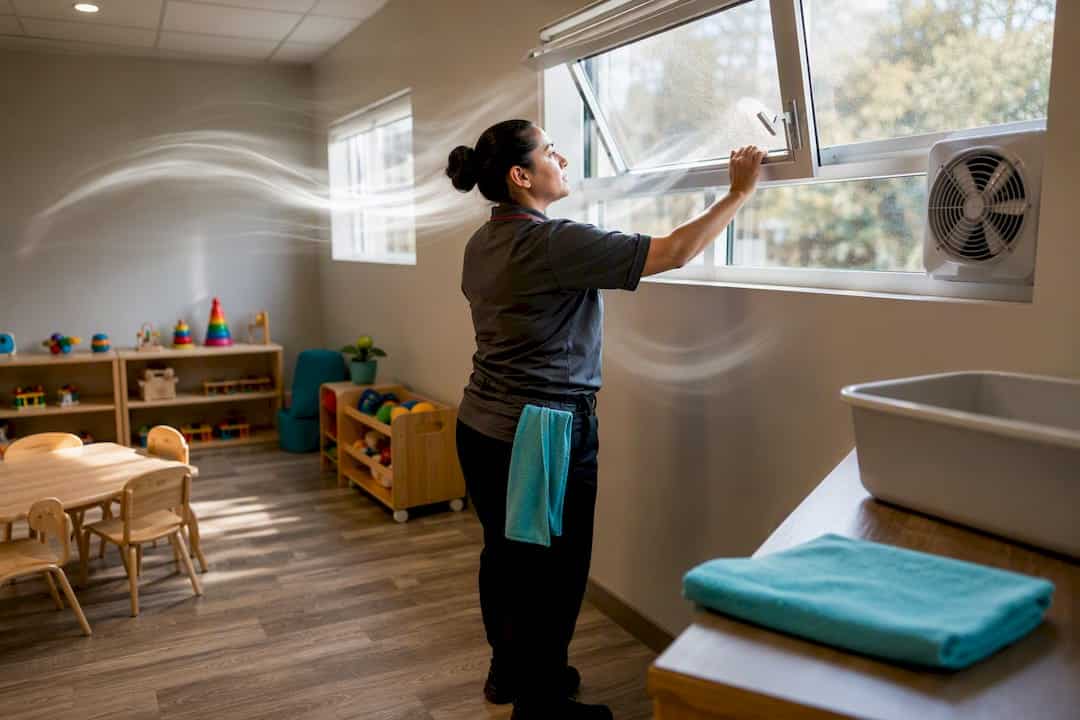 Cleaner ventilating daycare room after disinfecting