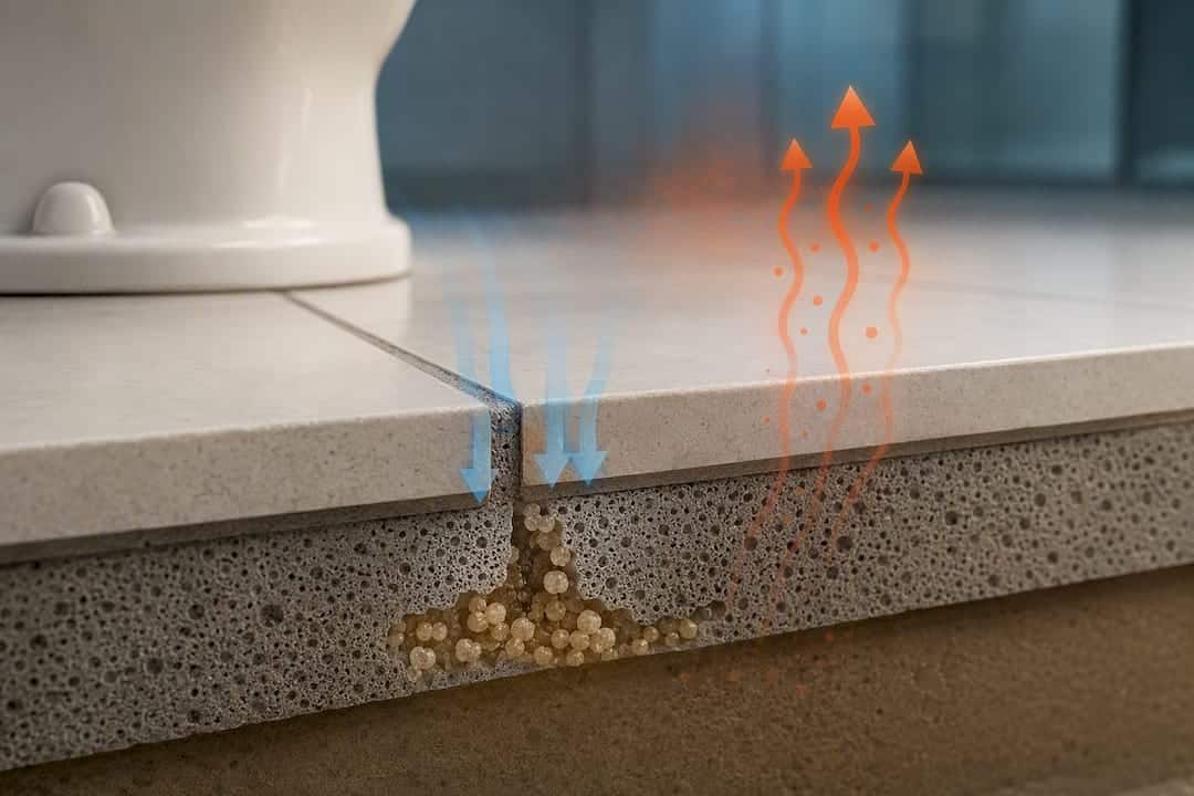 Uric acid trapped in porous restroom grout