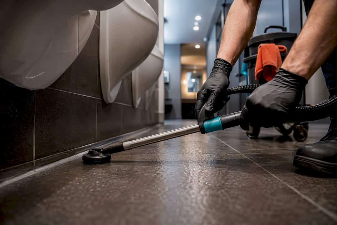 Technician extracting odor from restroom grout