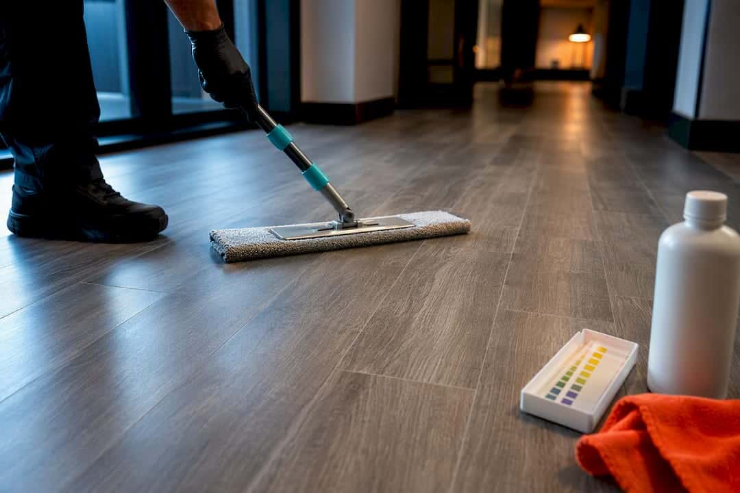 Cleaner mopping an LVT commercial floor