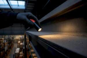Facility manager inspecting warehouse dust buildup