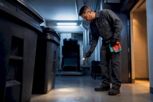 Specialist inspecting commercial trash room