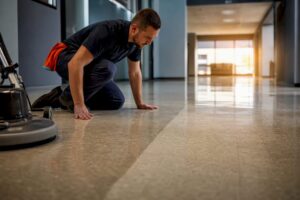 Technician inspecting a polished VCT floor