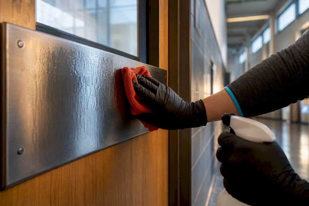 Worker applying disinfectant to door push plate