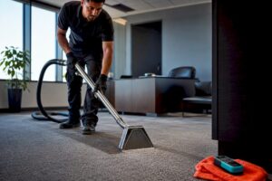 Technician extracting carpet in office