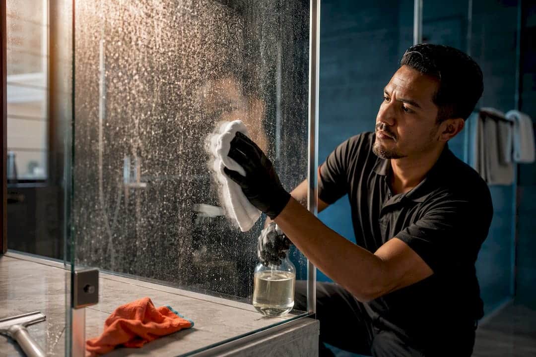 Cleaner removing mineral stains from shower glass