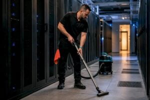 Cleaner vacuuming a tidy server room perimeter