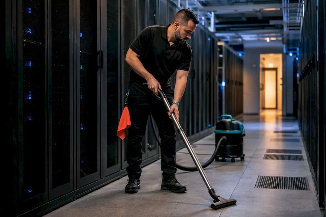 Cleaner vacuuming a tidy server room perimeter