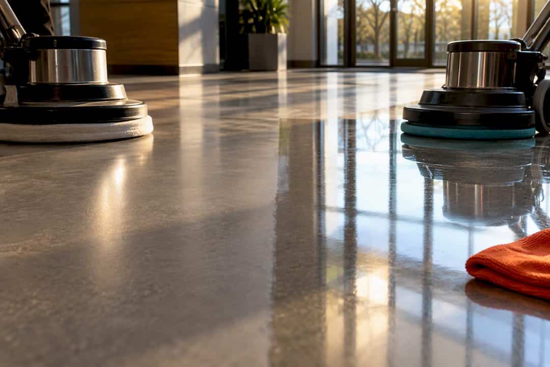 Contrasting buffed and burnished commercial floor surfaces