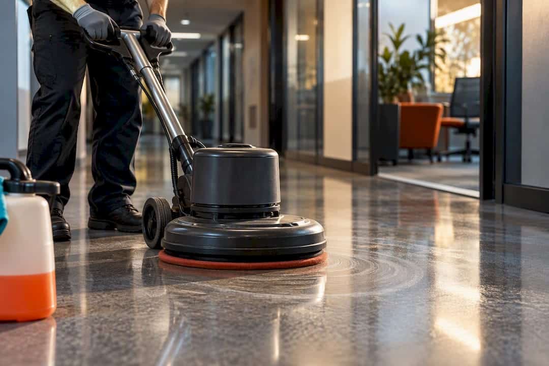 Operator guiding a low-speed floor buffer