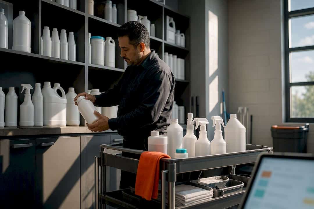 Facility manager reviewing organized cleaning supplies
