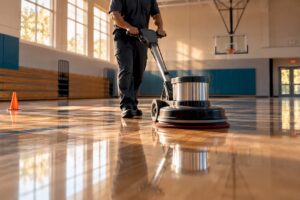 Technician burnishing a commercial floor