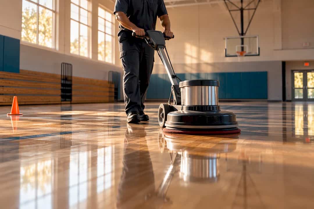 Technician burnishing a commercial floor
