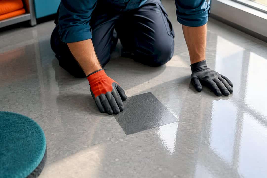 Technician inspecting a floor finish test patch