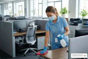 Professional cleaner sanitizing commercial office surfaces