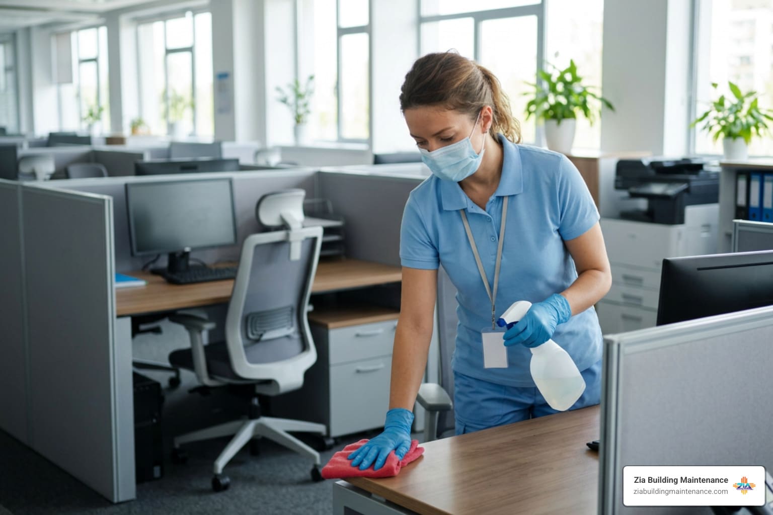 Professional cleaner sanitizing commercial office surfaces