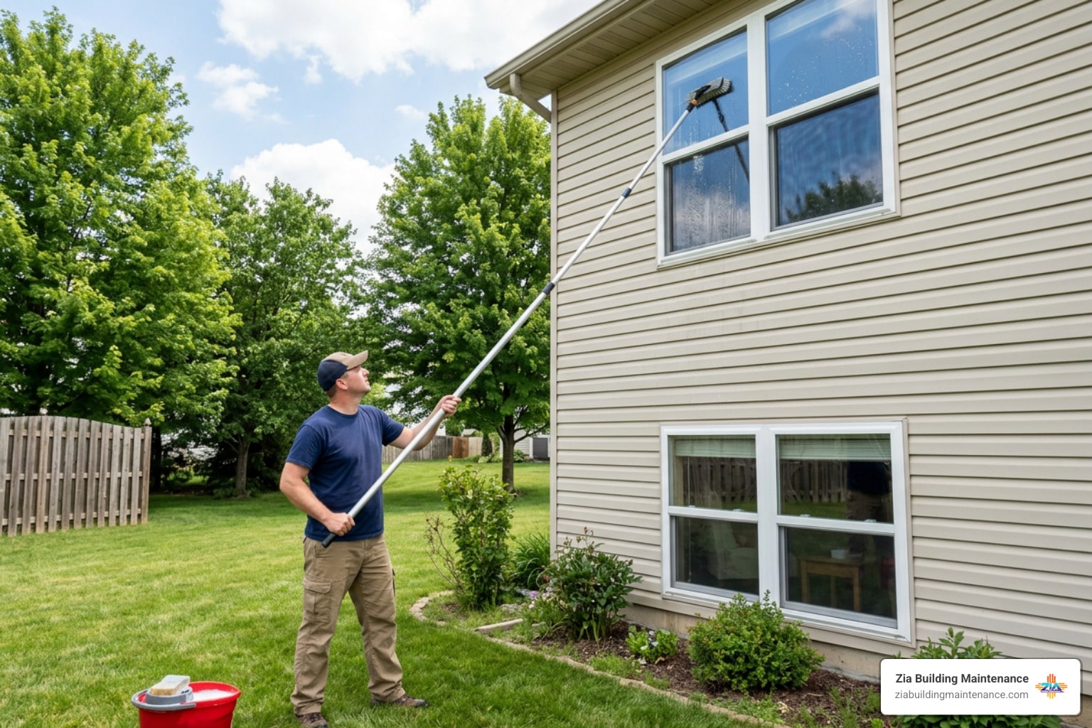 homeowner using an extension pole from the ground to clean second-story glass