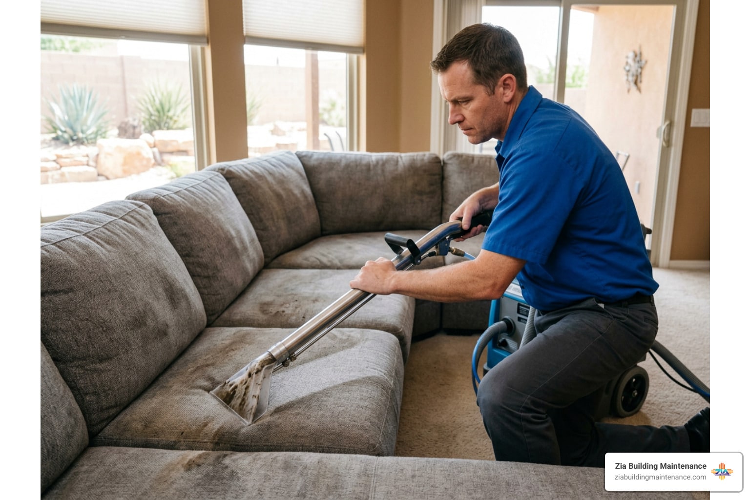 Professional hot water extraction wand safely removing deep-set soil from living room couch