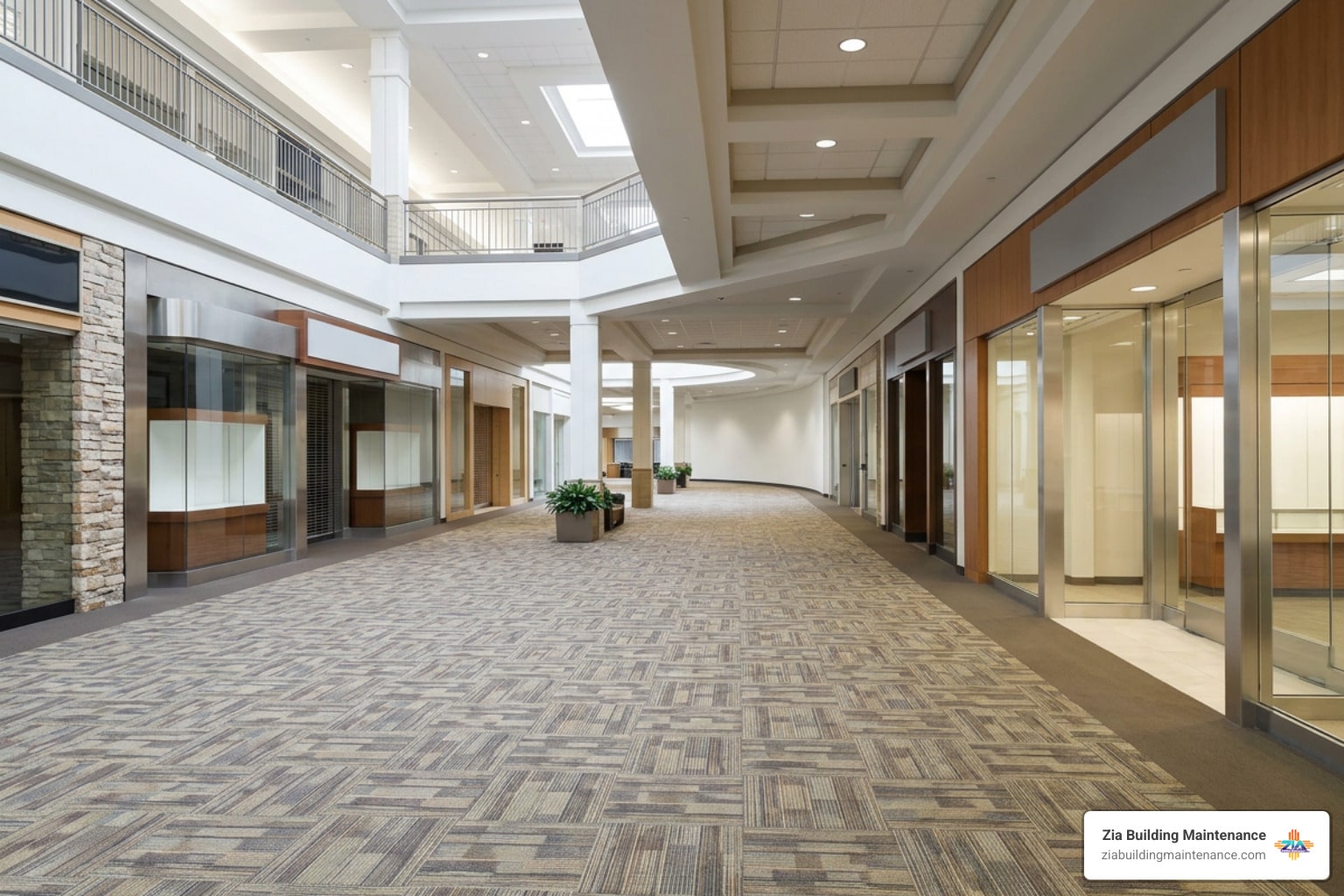 high traffic shopping mall corridor with pristine commercial carpeting