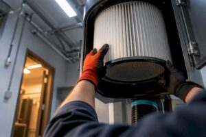 Technician inspecting industrial HEPA filter