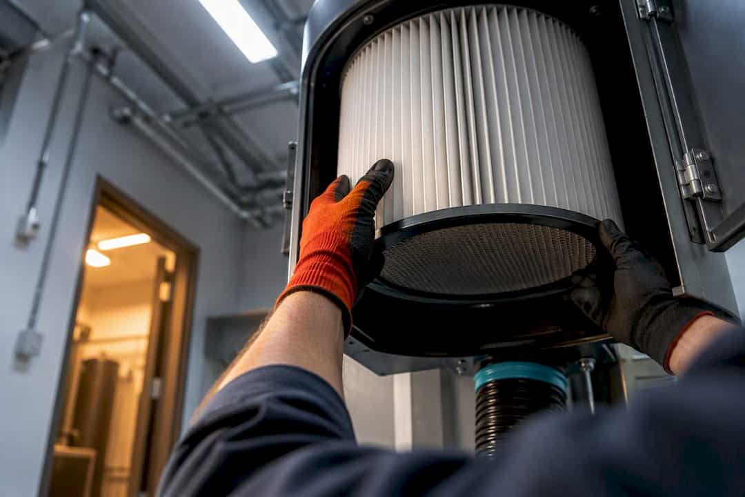 Technician inspecting industrial HEPA filter