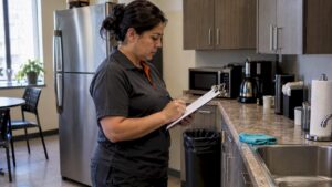 Supervisor verifying a breakroom cleaning checklist