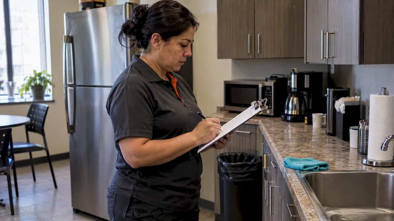 Supervisor verifying a breakroom cleaning checklist
