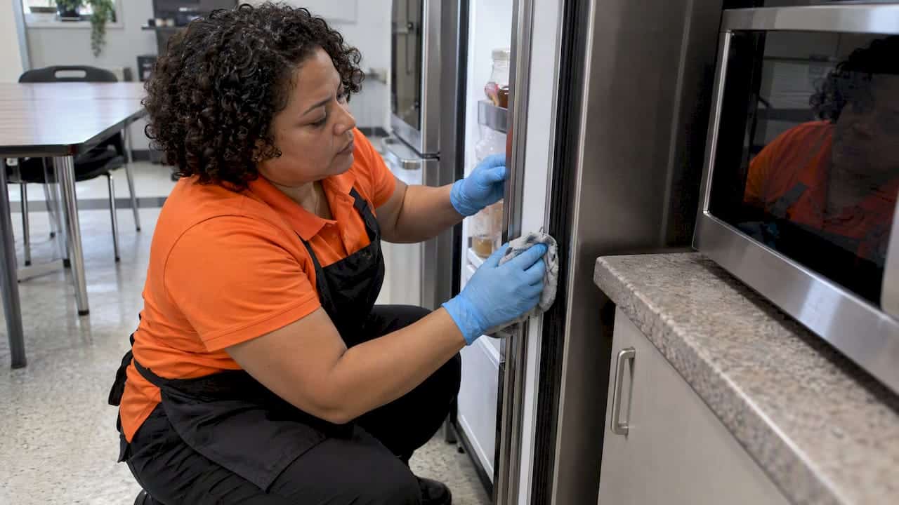 Cleaner wiping a refrigerator door seal