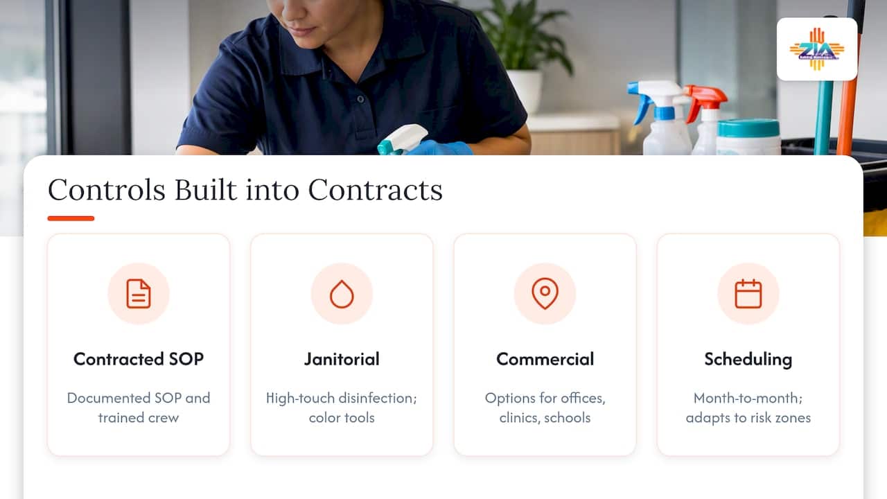 How Zia Building Maintenance builds these controls into daily cleaning — overview diagram