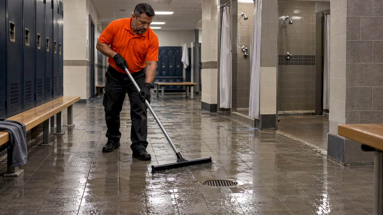 Custodian drying an athletic locker room floor