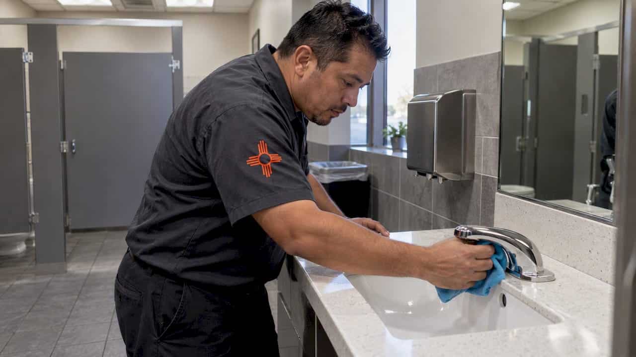 Cleaner inspecting an office restroom sink
