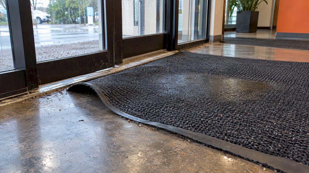 Worn entrance mat with a curling edge