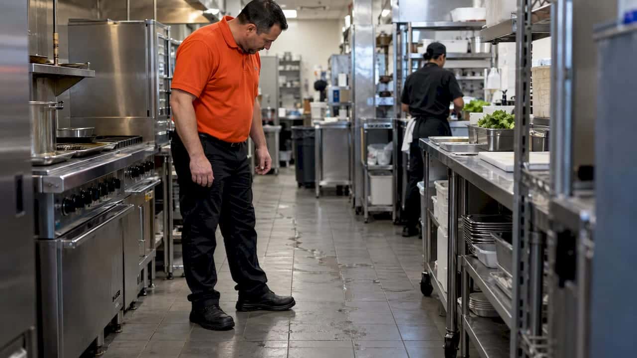 Facility manager inspecting a commercial kitchen floor