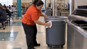 Custodian wiping a cafeteria waste bin