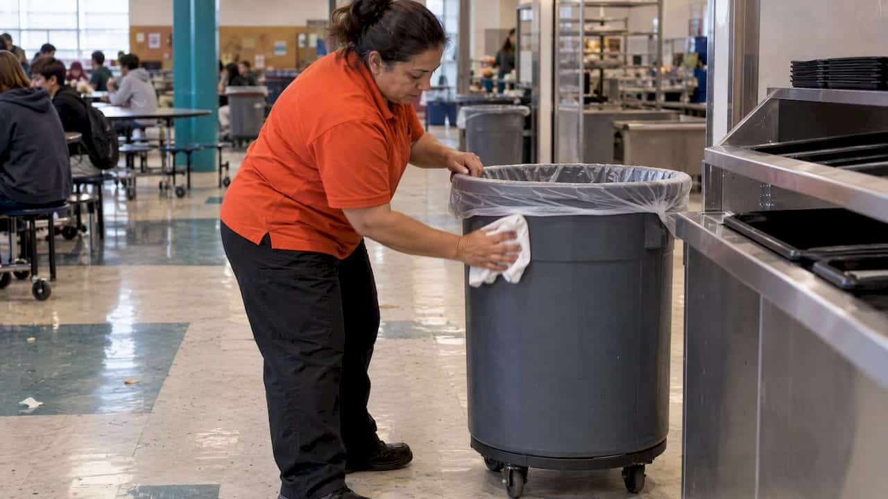 Custodian wiping a cafeteria waste bin