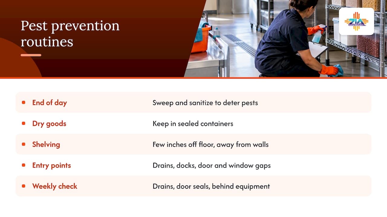 Pest control measures integrated with cleaning routines in school cafeterias — overview diagram