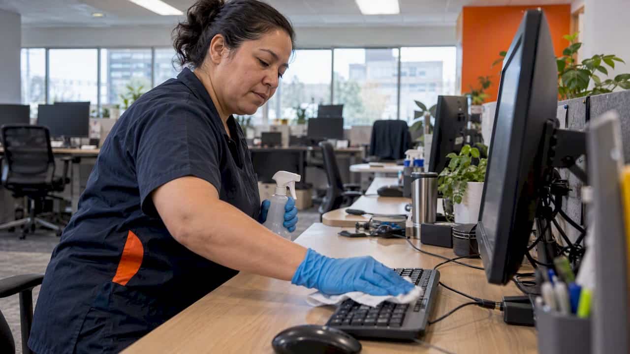 Cleaner disinfecting a shared office keyboard